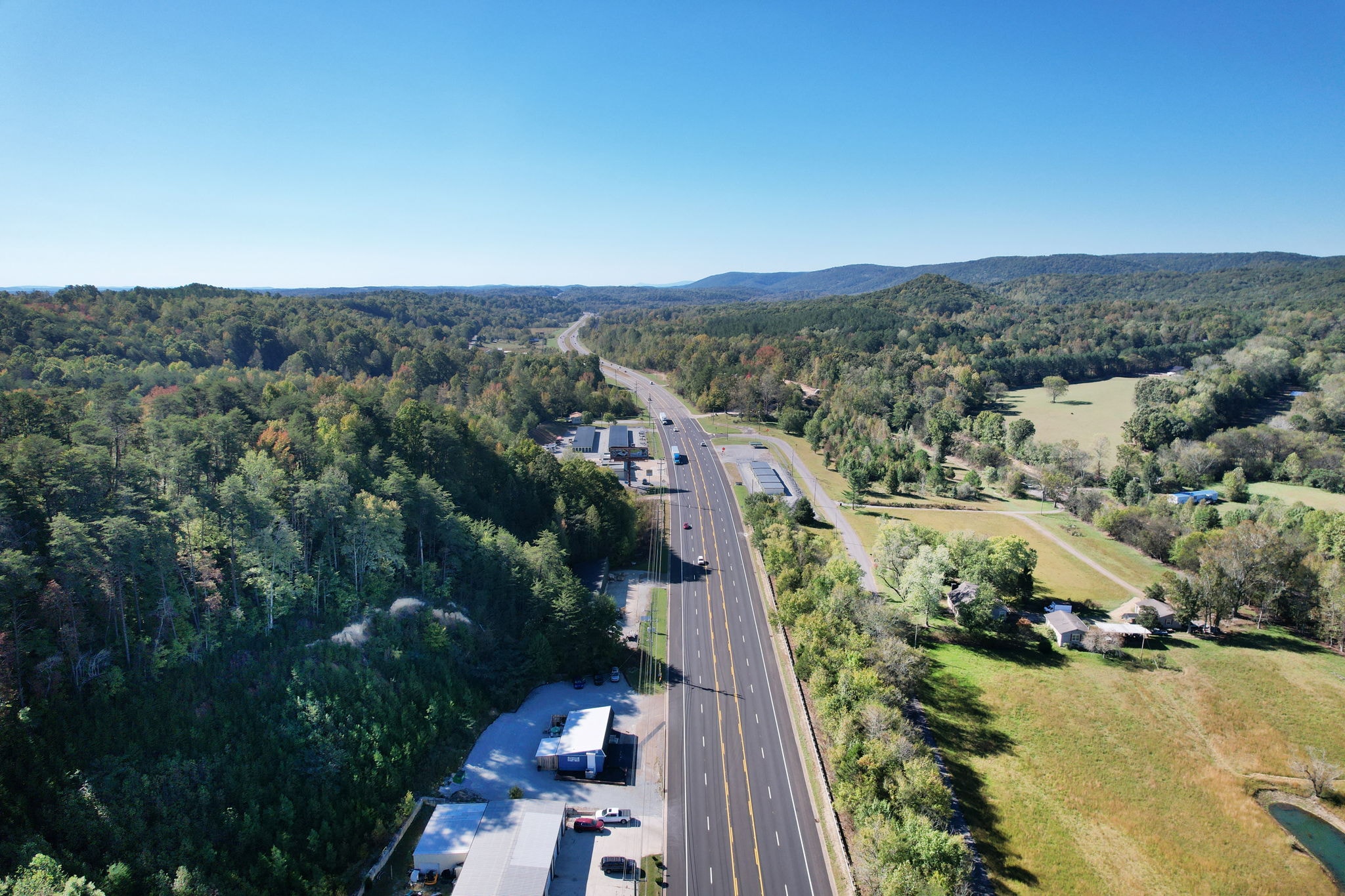 Aerial view of highway through Tennessee countryside